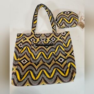 Gigi Hill Reversible Coated Canvas Tote Cosmetic Bag Polka Dot Aztec Print